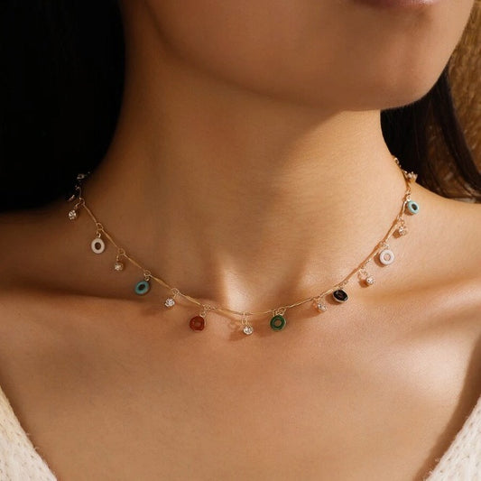 Colorful Oil Round Circle Tassel Single Layer Necklace
